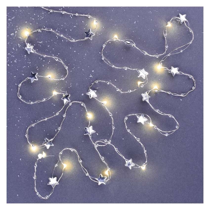 LED Weihnachtslichterkette silberfarben – Sternchen, 1,9 m 2x AA, Innen, warmweiss, Timer