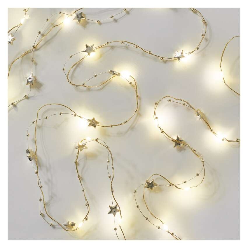 LED Weihnachtslichterkette gold – Sternchen, 1,9 m 2x AA, Innen, warmweiss, Timer