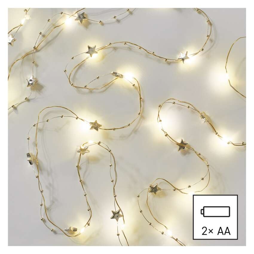 LED Weihnachtslichterkette gold – Sternchen, 1,9 m 2x AA, Innen, warmweiss, Timer