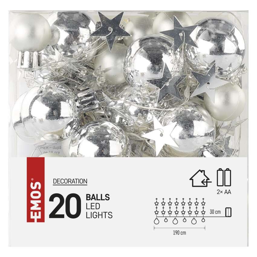 LED karácsonyi fényfüzér – ezüst gömb csillagokkal,1,9m, 2xAA, beltéri, meleg fehér, időz.