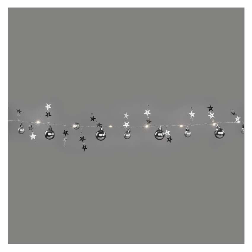 LED karácsonyi fényfüzér – ezüst gömb csillagokkal,1,9m, 2xAA, beltéri, meleg fehér, időz.