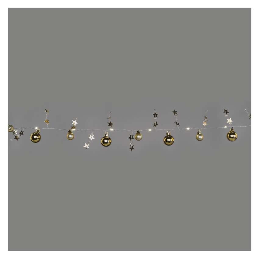 LED karácsonyi fényfüzér – arany gömb csillagokkal, 1,9m, 2xAA, beltéri, meleg fehér, idő.