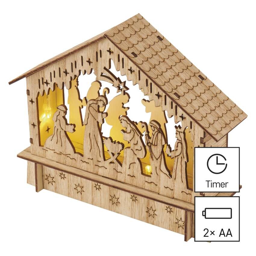 LED karácsonyi betlehem, fa, 15 cm, 2x AA, beltéri, meleg fehér, időzítő