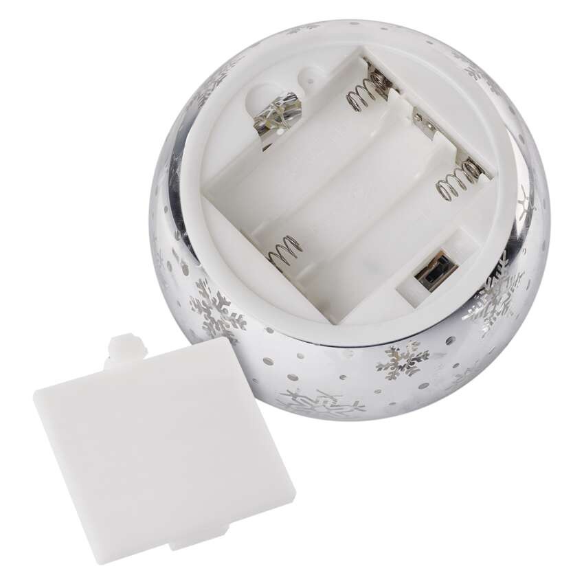 LED karácsonyi üveggömb – hópelyhek, 12 cm, 3x AA, beltéri, meleg fehér, időzítő