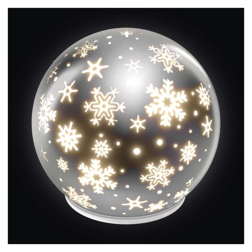 LED karácsonyi üveggömb – hópelyhek, 12 cm, 3x AA, beltéri, meleg fehér, időzítő