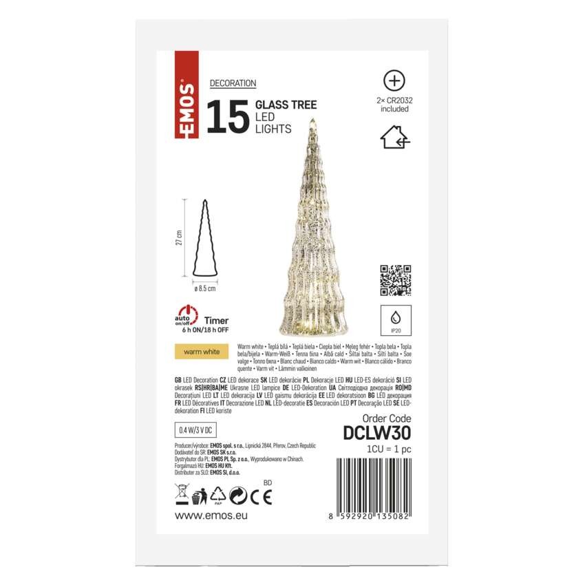 LED-Weihnachtsbaum aus Glas, 27 cm, 2x CR2032, Innen, warmweiss, Timer