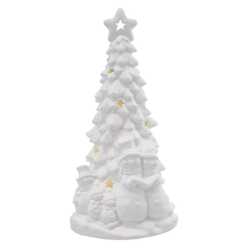 Keramischer LED-Baum mit Schneemännern, 33,5 cm, 2x AA, Innen, warmweiss