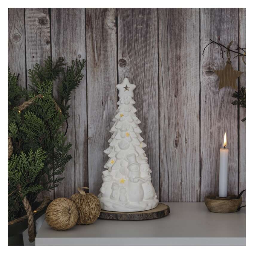 Keramischer LED-Baum mit Schneemännern, 33,5 cm, 2x AA, Innen, warmweiss