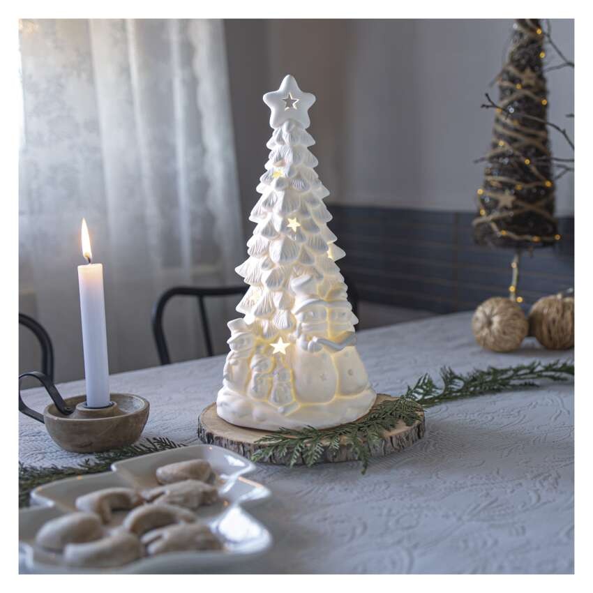 Keramischer LED-Baum mit Schneemännern, 33,5 cm, 2x AA, Innen, warmweiss