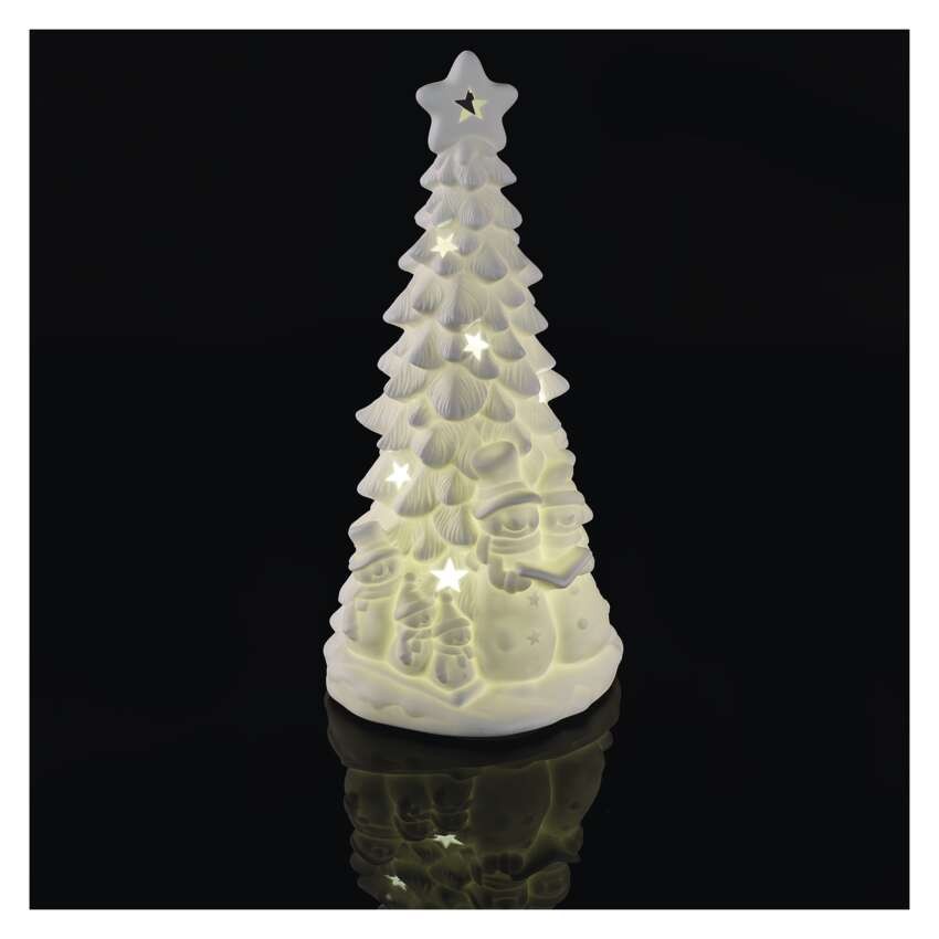Keramischer LED-Baum mit Schneemännern, 33,5 cm, 2x AA, Innen, warmweiss