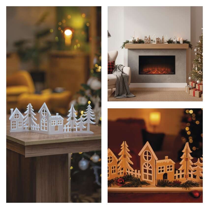 LED dekorace dřevěná - vesnička, 60 cm, 2x AA, teplá bílá, časovač