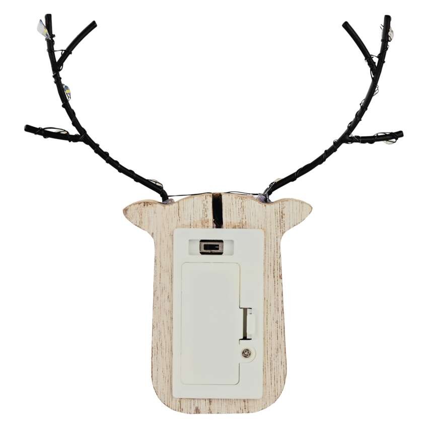 LED dekoráció, fa -rénszarvas, 16 cm, 2x AAA, beltéri, meleg fehér, időzítő, 12db, display