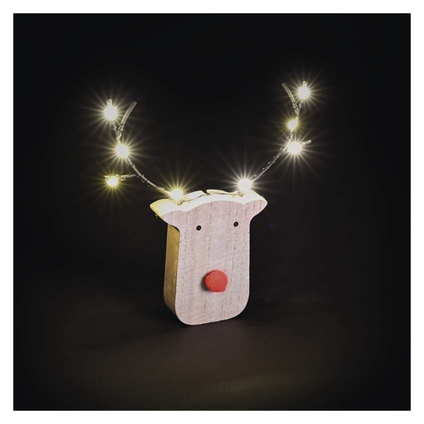 LED dekoráció, fa -rénszarvas, 16 cm, 2x AAA, beltéri, meleg fehér, időzítő, 12db, display