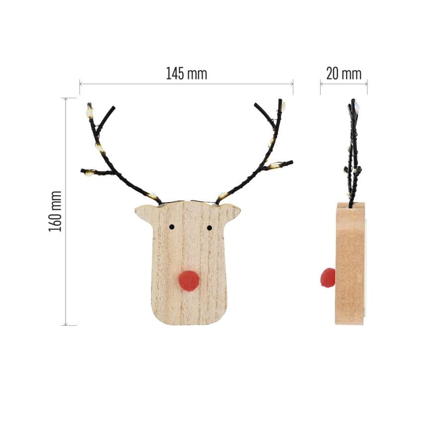 LED dekoráció, fa -rénszarvas, 16 cm, 2x AAA, beltéri, meleg fehér, időzítő, 12db, display