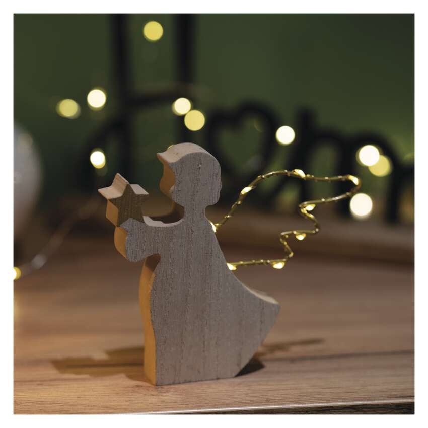LED dekorace dřevěná – anděl, 13 cm, 2x AAA, vnitřní, teplá bílá, časovač
