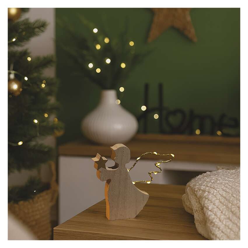 LED dekorace dřevěná – anděl, 13 cm, 2x AAA, vnitřní, teplá bílá, časovač