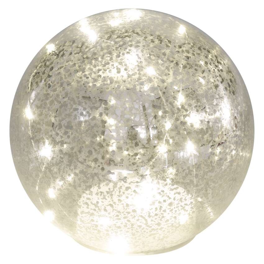 LED vánoční skleněná koule – zlatá, 15 cm, 3x AA, vnitřní, teplá bílá, časovač
