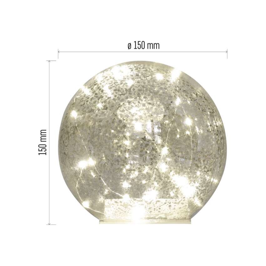 LED vánoční skleněná koule – zlatá, 15 cm, 3x AA, vnitřní, teplá bílá, časovač