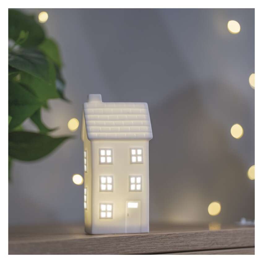 LED kerámia házikó, 16 cm, 1x CR2032, beltéri, meleg fehér, időzítő