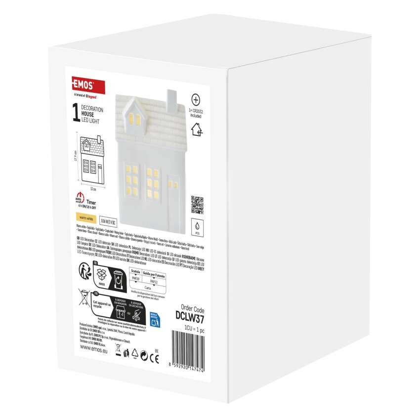 LED kerámia házikó, 18 cm, 1x CR2032, beltéri, meleg fehér, időzítő