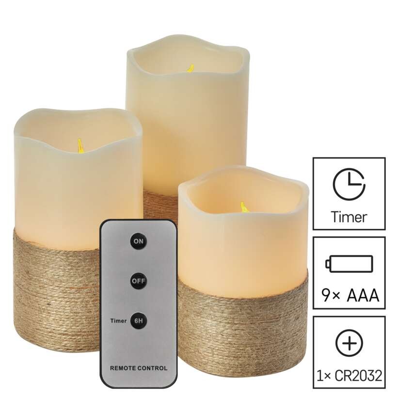 LED Dekoration – 3x Wachskerze mit Kordel, 3x 3x AAA, Innen, Vintage, Fernbedienung