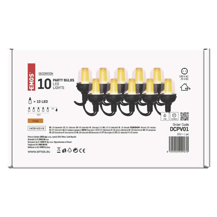 LED fényfüzér – 10x party égő, 4,5 m, kültérre és beltérre, vintage