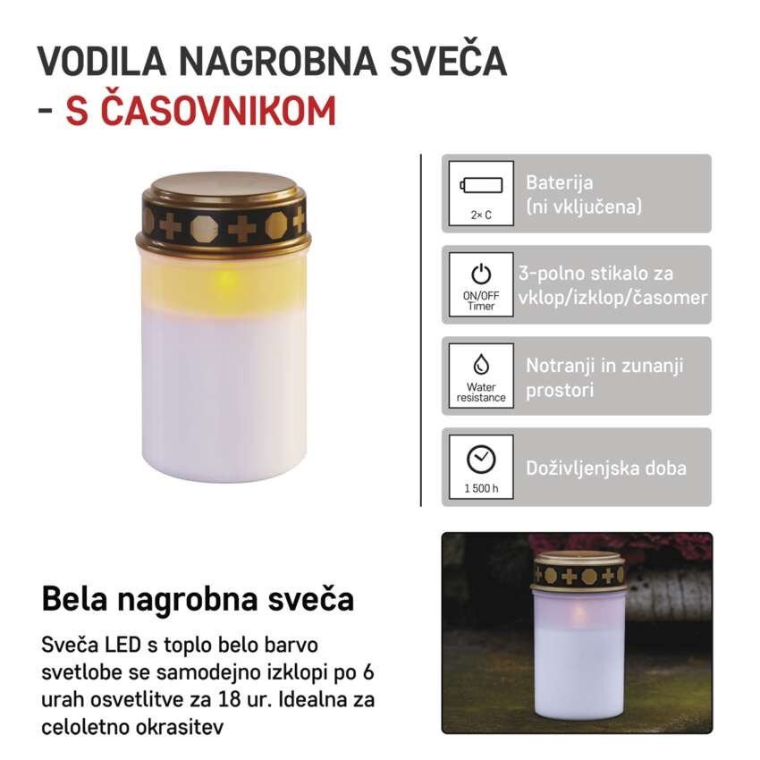 LED nagrobna sveča, 12,5 cm, 2x C, zunanja in notranja, vintage, časovnik
