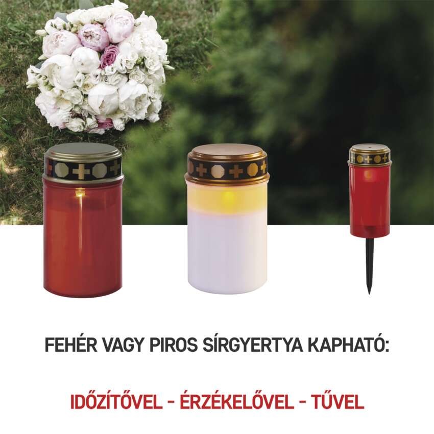 LED temetői mécses, 12,5 cm, 2x C, kültéri és beltéri, vintage, időzítő
