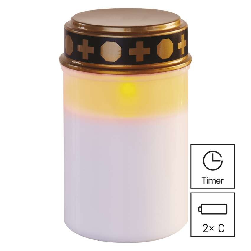 LED hřbitovní svíčka, 12,5 cm, 2x C, venkovní i vnitřní, vintage, časovač