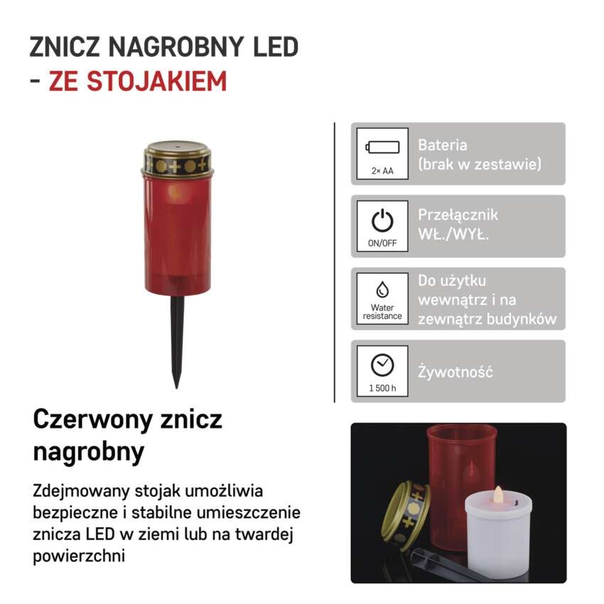 Świeczka cmentarna LED wbijana, czerwona, 2x AA, IP44