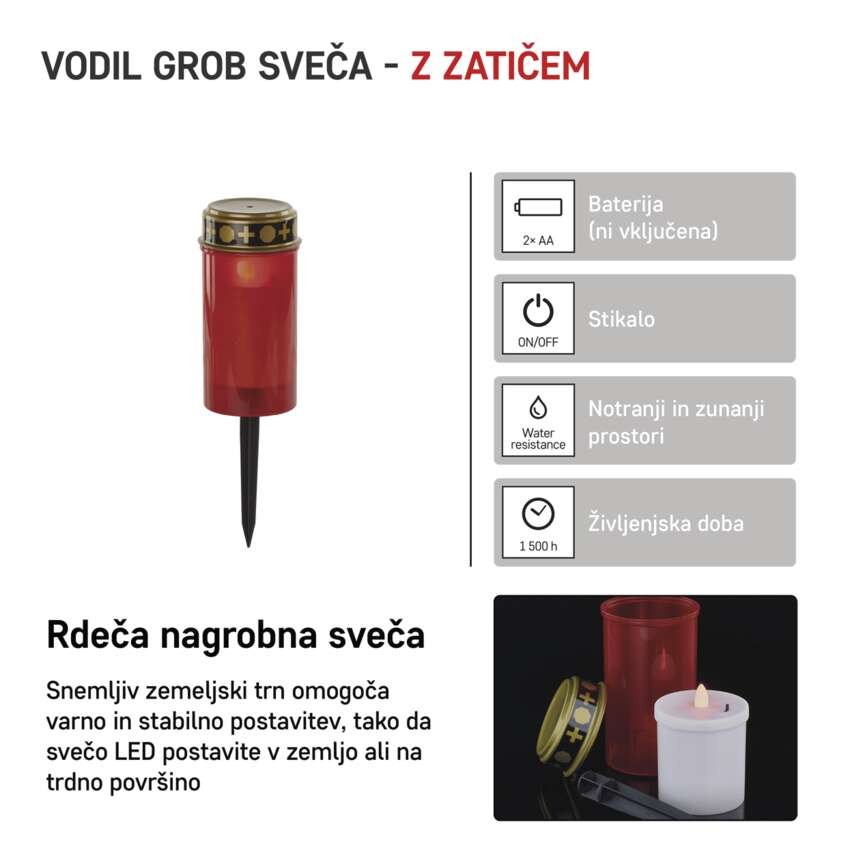 LED nagrobna sveča vbodna, 25 cm, 2x AA, zunanja in notranja, vintage