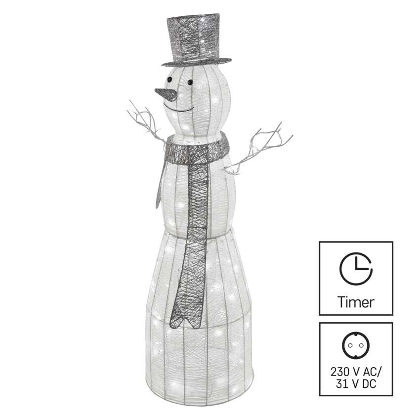 LED Weihnachts-Schneemann Rattan, 124 cm, Innen, Kaltweiß, Timer