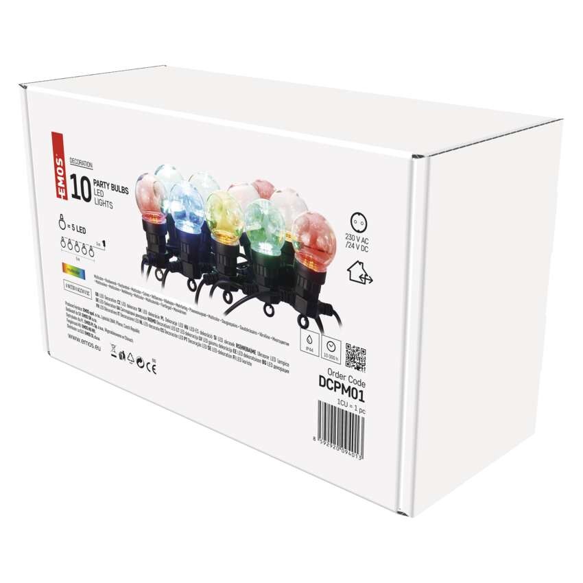 LED fényfüzér – 10x party égő, 5 m, kültéri és beltéri, többszínű
