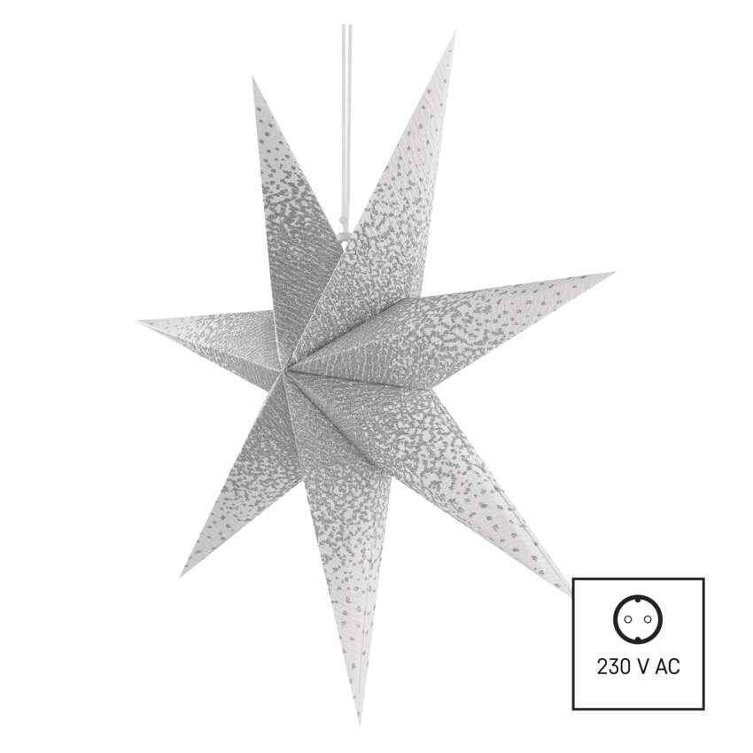 LED papírcsillag, függeszthető, ezüst csillámporos középen, fehér, 60 cm, beltéri
