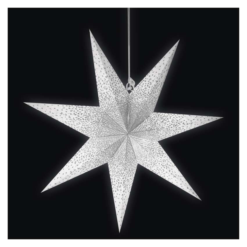 LED papírcsillag, függeszthető, ezüst csillámporos középen, fehér, 60 cm, beltéri