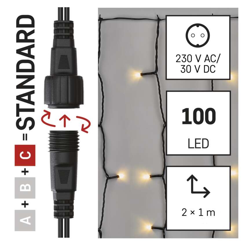 Standartinė LED jungiamoji girlianda – užuolaida, 1x2 m, lauko, šiltai balta