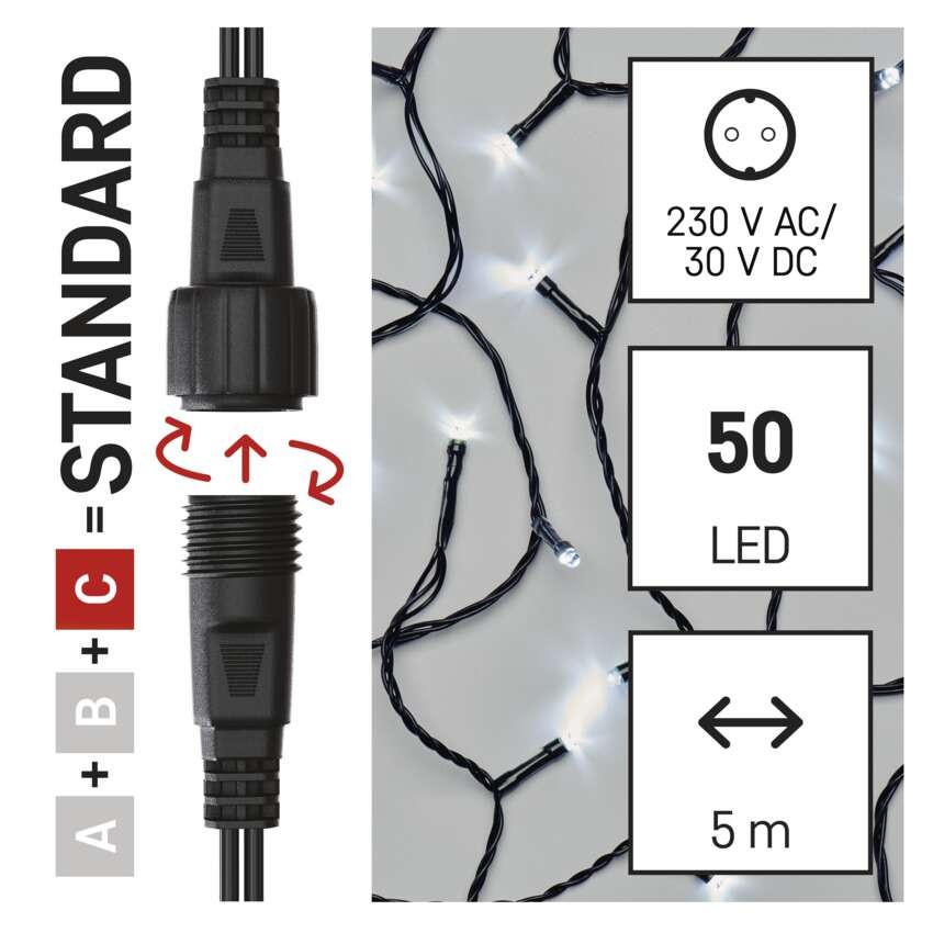 Standartinė LED jungiamoji girlianda, 5 m, lauko ir vidaus, šaltai balta