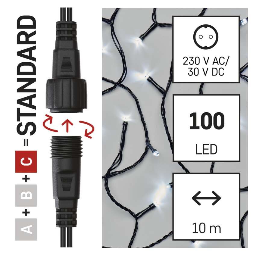 Standard LED spojovací vánoční řetěz, 10 m, venkovní i vnitřní, studená bílá