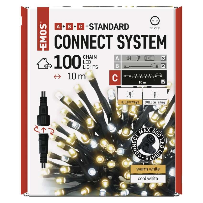 Standard LED sorolható karácsonyi füzér, villogó, 10 m, kültéri, meleg/hideg fehér
