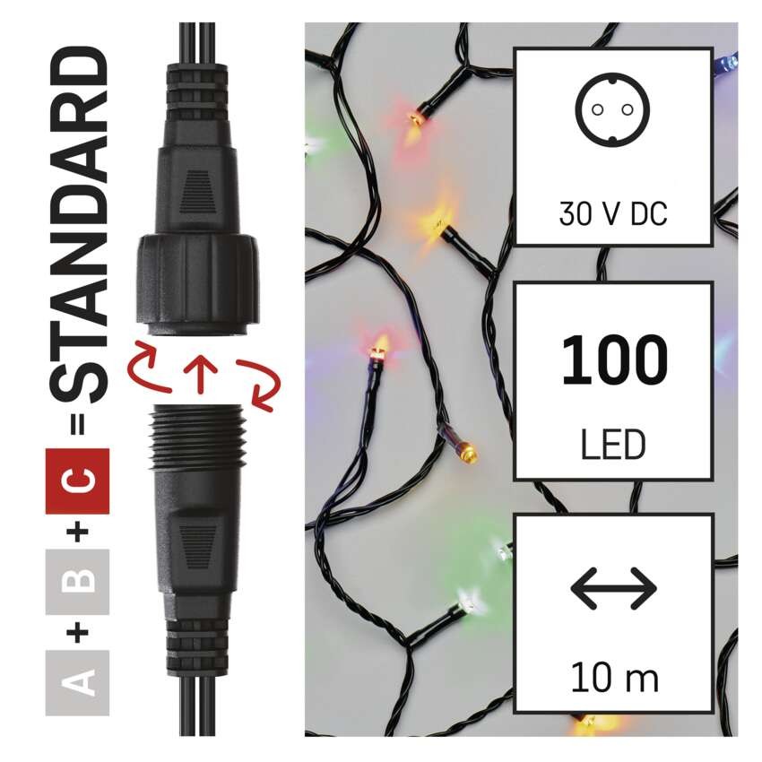 Standard LED sorolható karácsonyi füzér, 10 m, kültéri és beltéri, többszínű