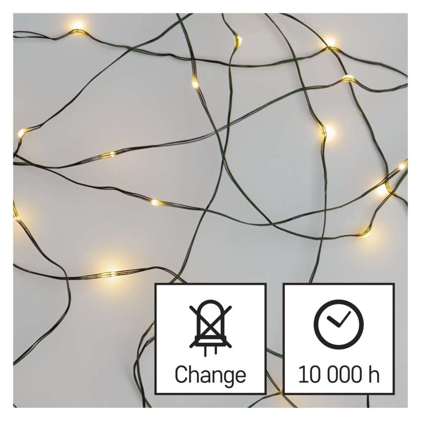 LED vánoční nano řetěz zelený, 7,5 m, venkovní i vnitřní, teplá bílá, časovač