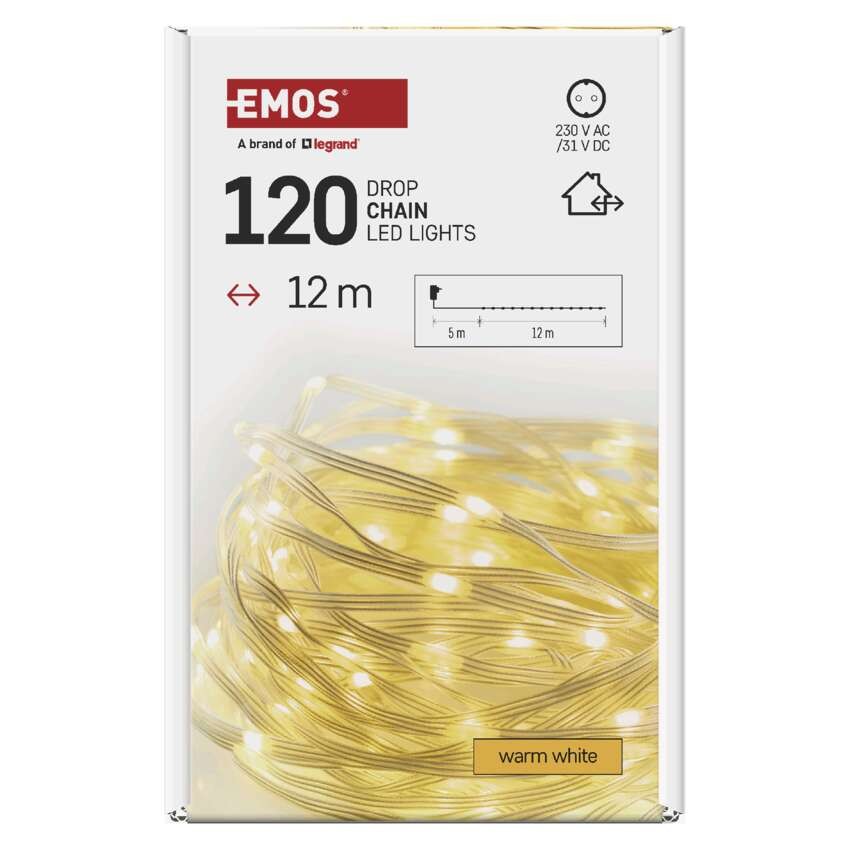 LED vánoční drop řetěz, 12 m, venkovní i vnitřní, teplá bílá, časovač