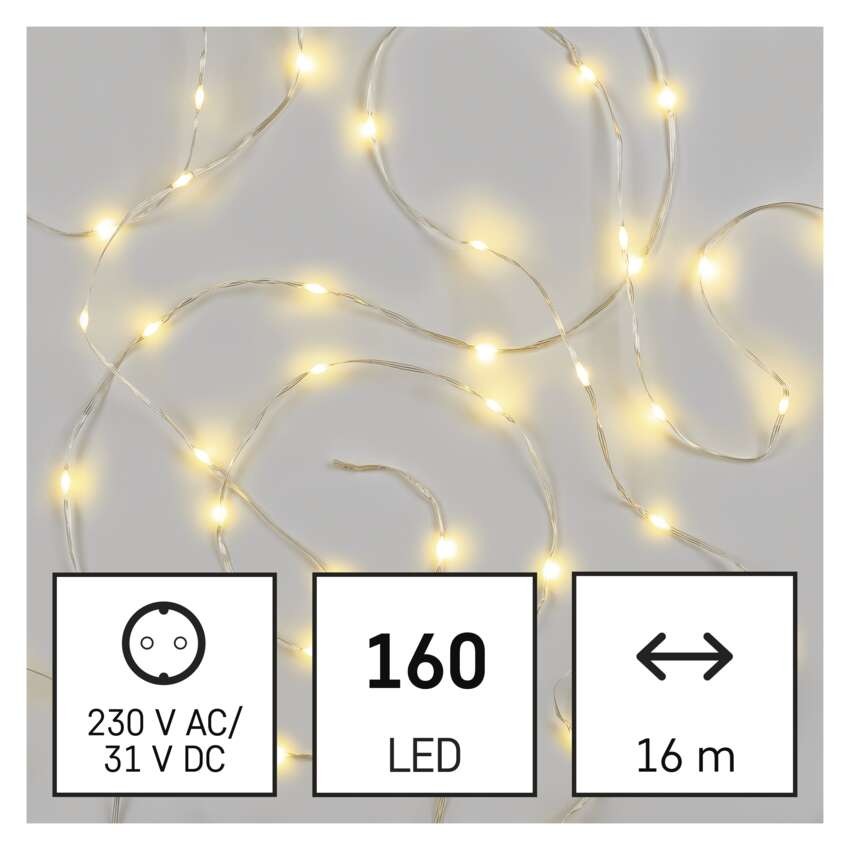 LED vánoční nano řetěz, 16 m, venkovní i vnitřní, teplá bílá, časovač