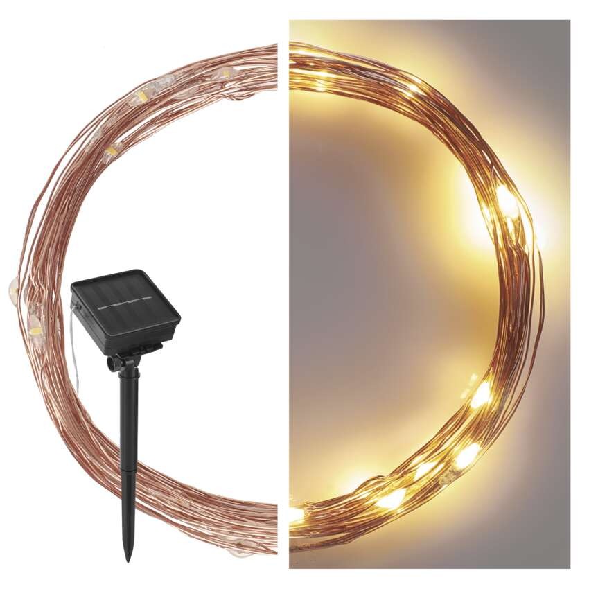 LED nano veriga s sončnim kolektorjem, bakrena, 12 m, zunanja in notr., topla bela, časov.