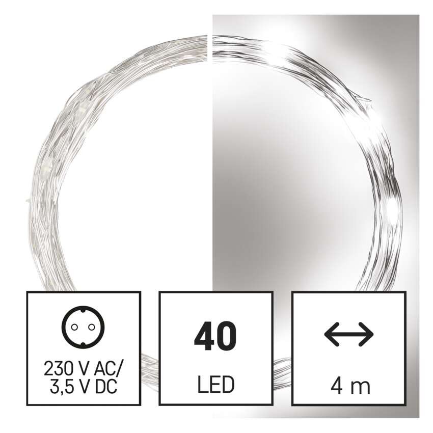 LED Weihnachtliche Nano-Kette silberfarben, 4 m, Außen und Innen, Kaltweiß, Timer