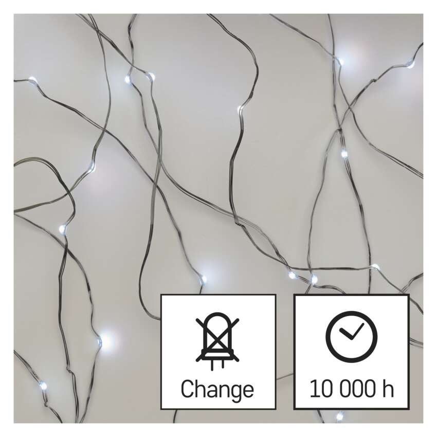 LED Weihnachtliche Nano-Kette silberfarben, 4 m, Außen und Innen, Kaltweiß, Timer