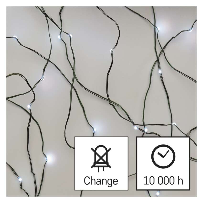 LED vánoční nano řetěz zelený, 15 m, venkovní i vnitřní, studená bílá, časovač