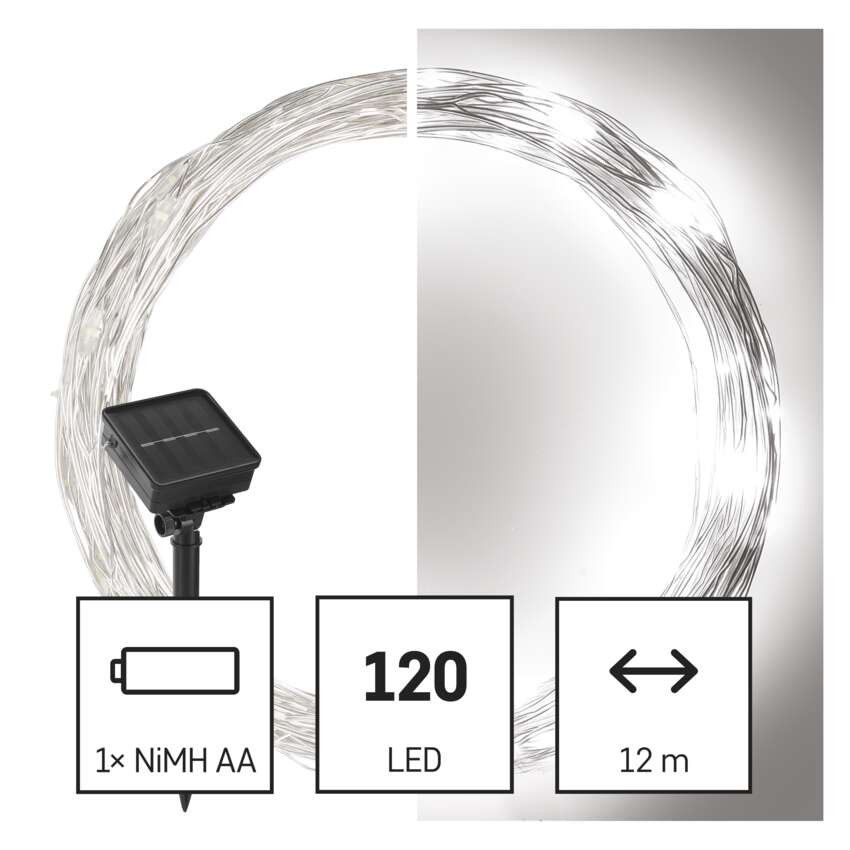 LED nano veriga s sončnim kolektorjem, bakrena, 12 m, zunanja in notr, hladna bela, časov.