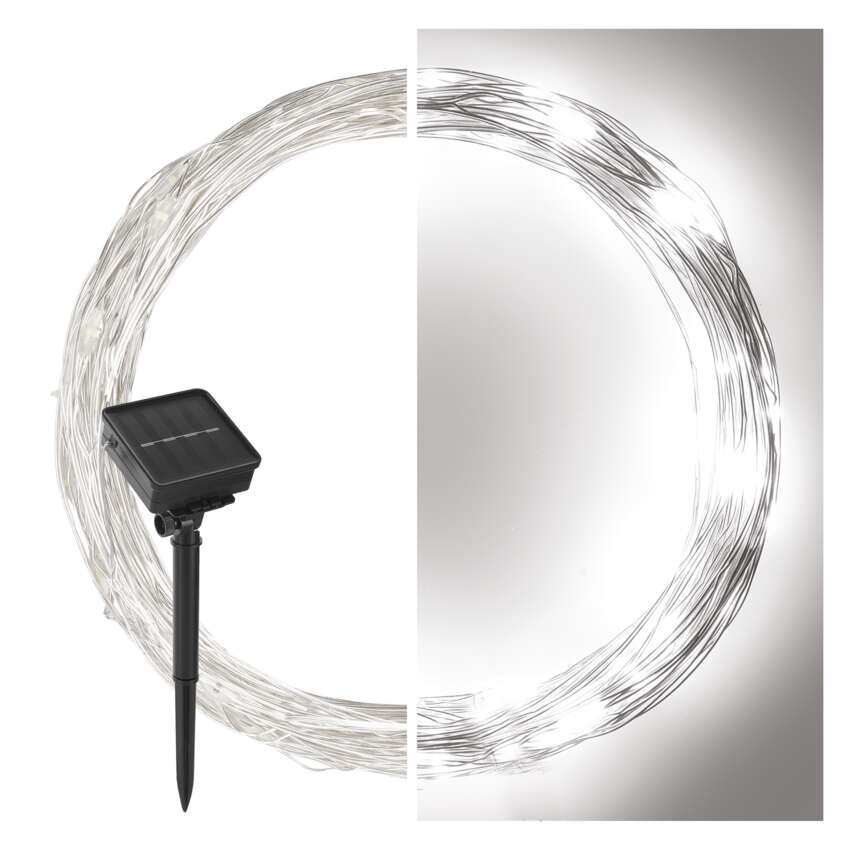 LED nano veriga s sončnim kolektorjem, bakrena, 12 m, zunanja in notr, hladna bela, časov.