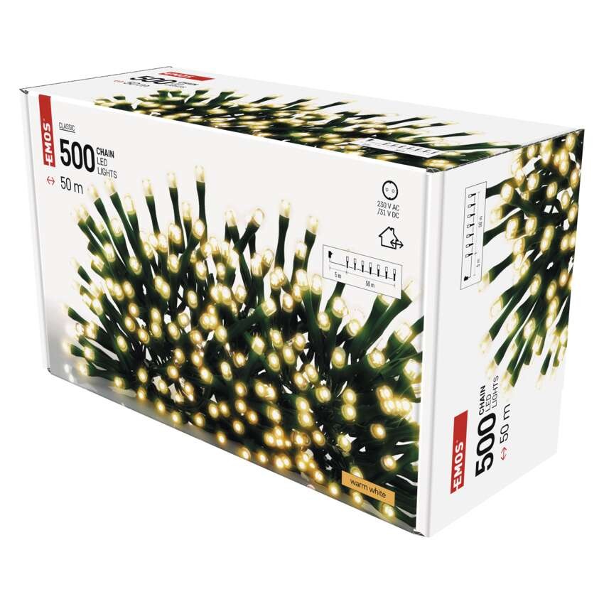 LED božična veriga, 50 m, zunanja in notranja, topla bela, časovnik
